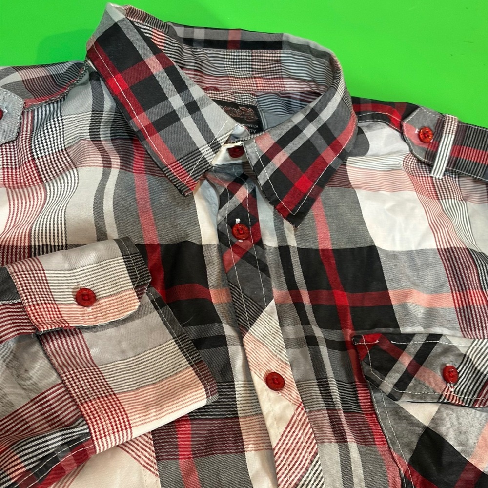 Blac Lacquer Western Button‎ Up Shirt Mens 2X Red Black Plaid L/S Epaulets Rodeo